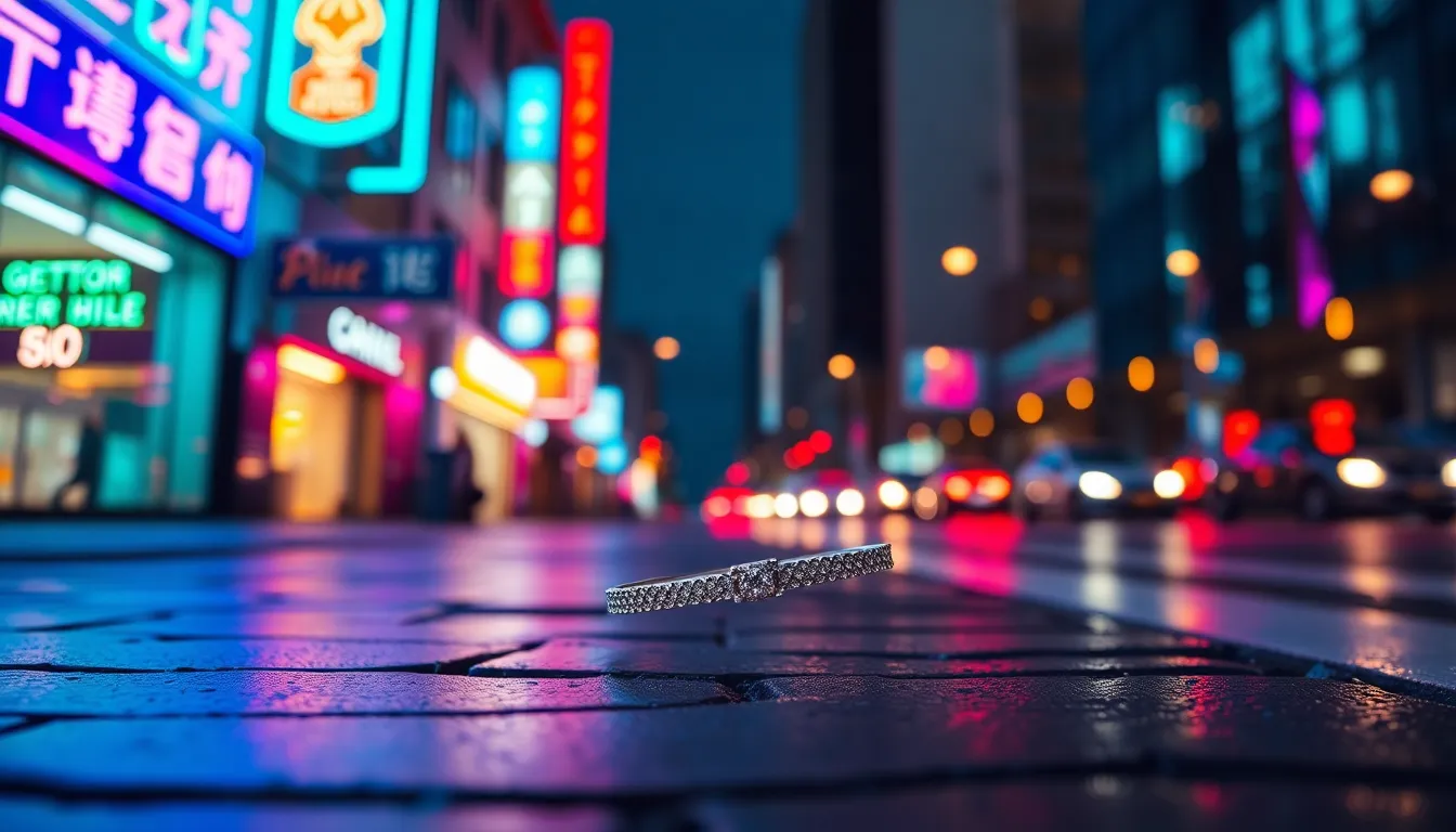 This striking image features a stylish silver bracelet against a backdrop of vibrant urban neon lights reflecting on wet pavement. The macro lens captures intricate details of the jewelry while the cityscape blurs softly in the background. The teal and orange color grading adds a cinematic feel, making it an eye-catching piece perfect for contemporary fashion campaigns.