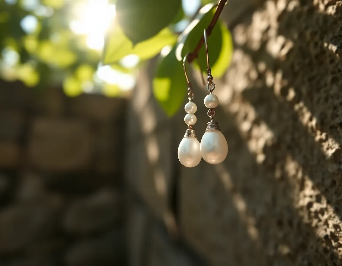 In this mesmerizing image, a delicate pair of pearl earrings is showcased against a beautifully textured stone wall, illuminated by dappled sunlight. The soft iridescence of the pearls contrasts beautifully with the earthy tones of the stones, creating an inviting and serene mood. The unique composition and macro focus allow for a detailed view, accentuating the craftsmanship of the earrings in this organic setting.