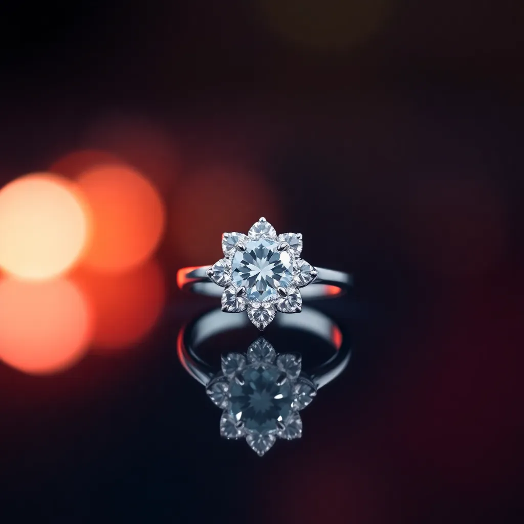 A stunning close-up image of an intricately designed diamond ring resting on a polished dark glass surface. The elegant ring shines brightly under controlled studio lighting, creating a dramatic contrast with the reflections. The shallow depth of field blurs the background, enhancing the focus on the ring's sparkling details. This image captures the essence of luxury and sophistication, making it perfect for high-end jewelry ads.