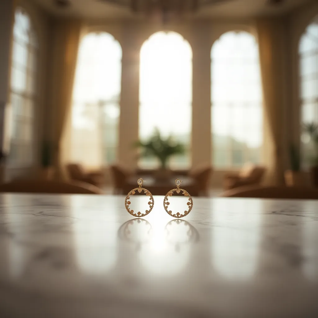 This exquisite close-up image artfully displays delicate earrings resting on a polished marble surface. Captured in soft diffused daylight, the intricate design of the earrings is highlighted by gentle shadows and a dreamy bokeh background. The natural muted tones complement the elegance of the jewelry, creating a serene and sophisticated mood. The centered composition ensures that the viewer's focus remains on the fine details and craftsmanship of the earrings.