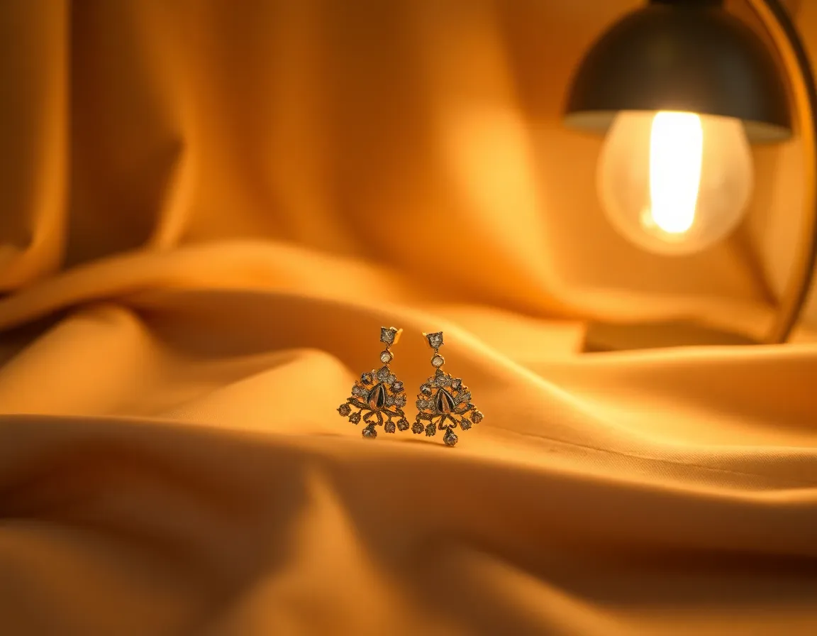 Elegant Earrings on Silky Fabric This stunning image features an elegant pair of earrings artfully arranged on a silky fabric backdrop, enhancing the luxurious feel of the scene. Warm tungsten lighting casts a soft glow, illuminating the intricate details of the earrings while the smooth fabric creates a delicate contrast. The shallow depth of field isolates the earrings beautifully, drawing the viewer's focus. The overall composition is symmetrical and refined, making it perfect for jewelry marketing or fashion showcases.