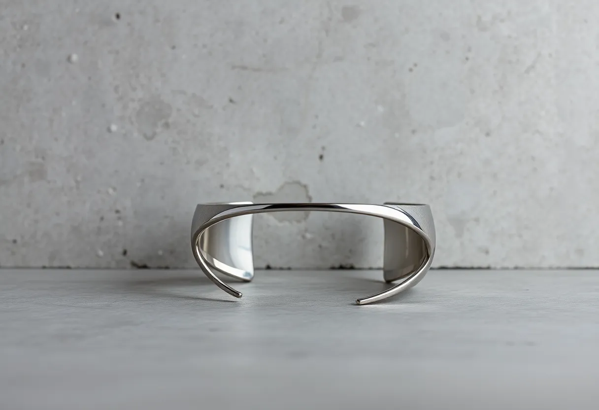 Showcasing a chic silver cuff bracelet against a textured concrete background, this image captures the essence of modern elegance. Soft, diffused lighting brings out the bracelet's sleek design, while hyperfocal depth of field keeps all elements in sharp focus. The cool color tones create a striking contrast with the warm concrete, making this image perfect for contemporary jewelry marketing.