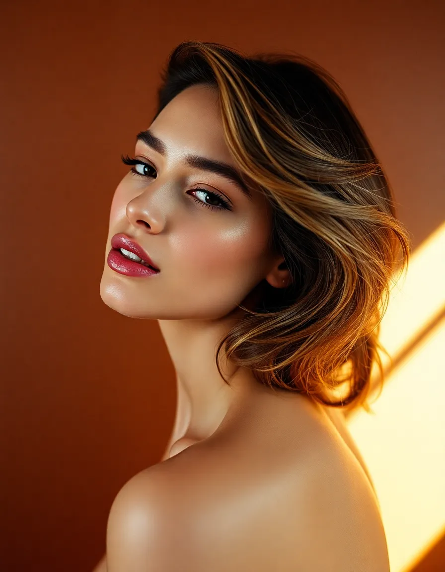 The model poses dynamically, showcasing stunning statement earrings against a textured leather background. The lighting, set with precision in a three-point studio setup, creates a captivating glow highlighting the model's features. The warm skin tones and creamy highlights evoke a sense of luxury, enhanced by the rich texture of the leather, making this image a striking portrayal of contemporary jewelry fashion.