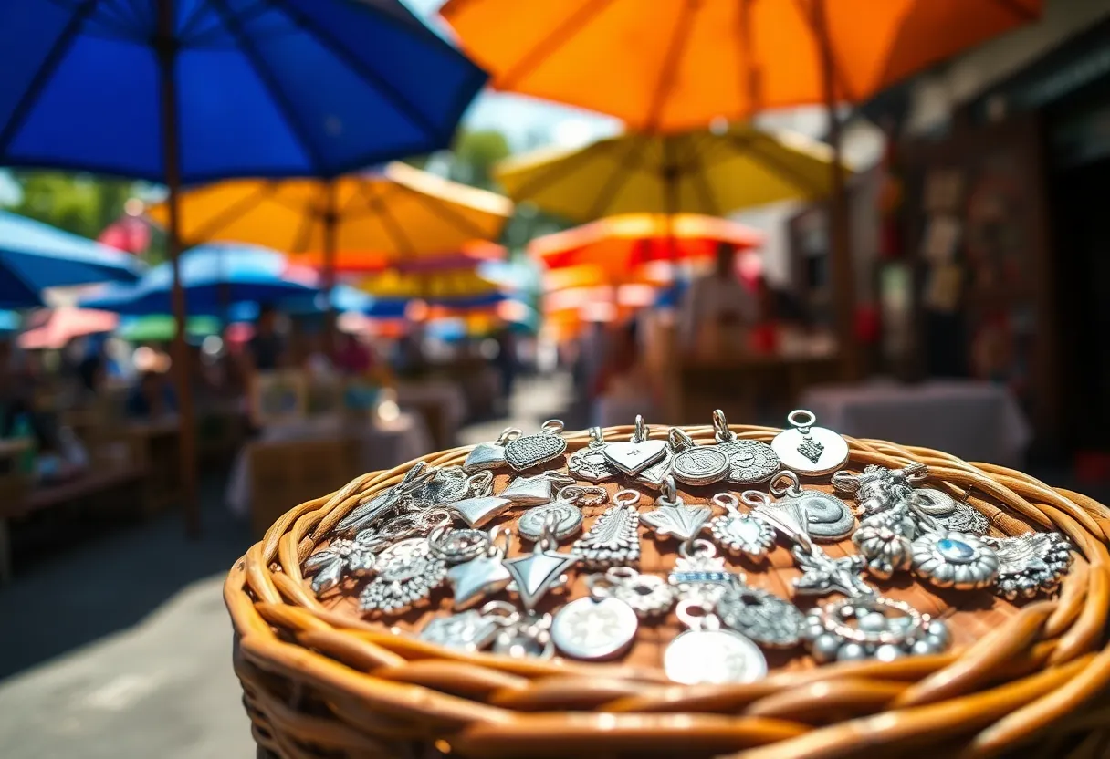 A lively artisan market scene showcasing a beautiful collection of handmade silver charms elegantly arranged in a woven basket. Dappled sunlight filters through colorful umbrellas, creating a vibrant and inviting atmosphere. The shallow depth of field pulls attention to the intricate details of the charms, while the rich color palette enhances the overall visual appeal. This image perfectly captures the essence of artisan craftsmanship and market vibrancy.