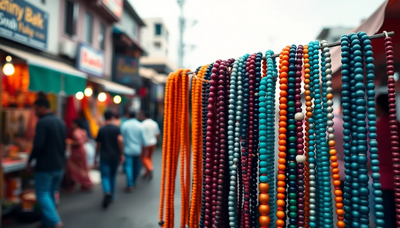 This lively image captures a street vendor displaying an array of vibrant beaded necklaces at a bustling market. The overcast light enhances the rich colors of the beads, inviting viewers to explore each unique piece. With a shallow depth of field, the focus remains on the necklaces while the market ambiance creates an engaging backdrop, evoking a sense of community and creativity.