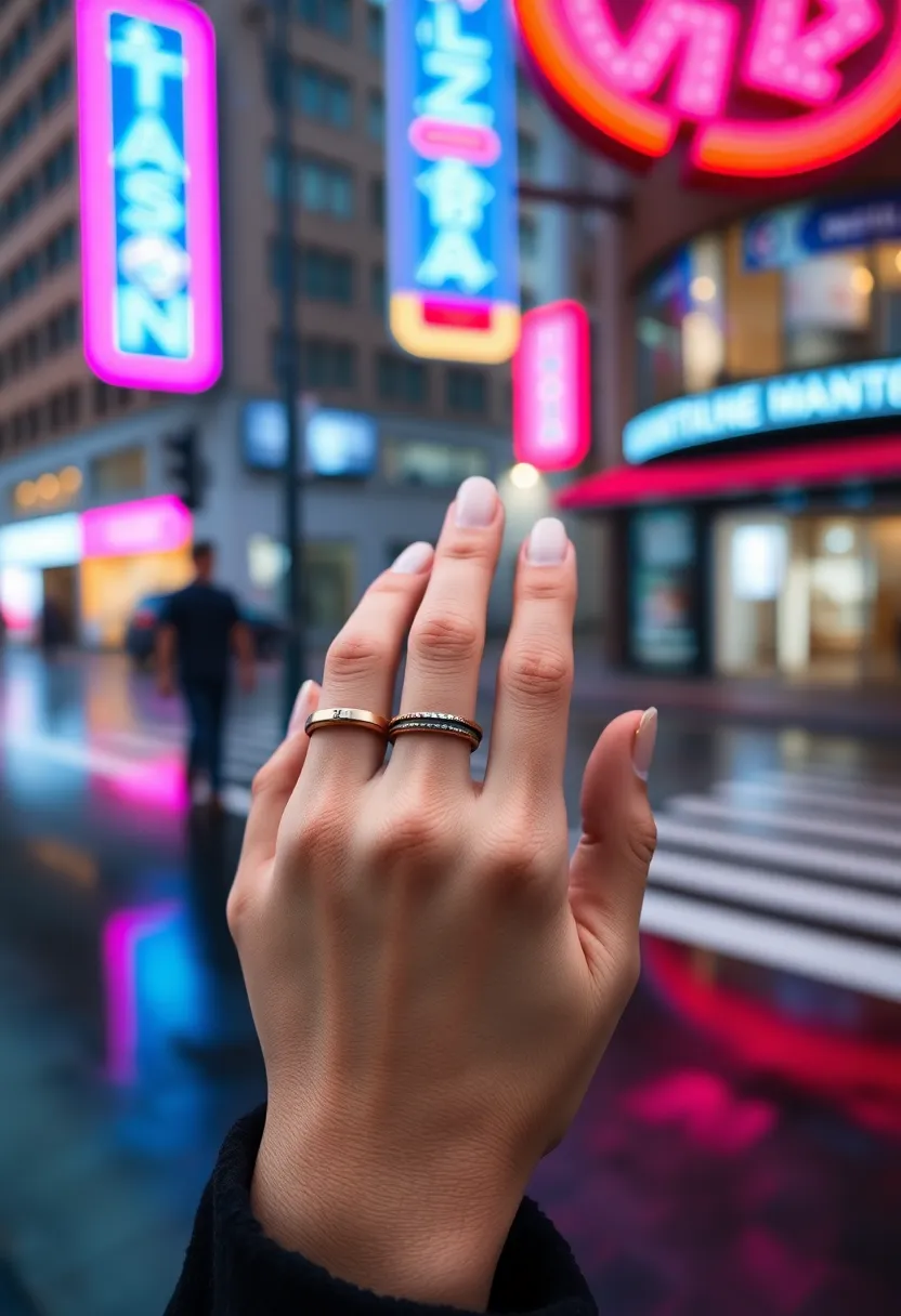 This dynamic image features a fashion influencer flaunting a collection of layered rings against an urban backdrop, capturing the essence of contemporary street style. Neon signage reflects vibrant blue and magenta hues on the wet pavement, adding a modern flair to the scene. The shallow depth of field softly blurs the background while the focus remains on the influencer’s hands, showcasing the delicate rings. The Dutch angle composition injects a sense of movement and excitement, perfect for trendy fashion content.