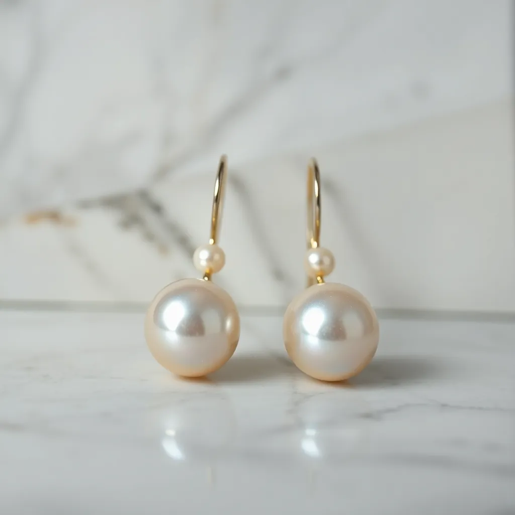 This close-up image features a pair of exquisite pearl earrings showcased on a smooth marble surface, capturing their elegance and natural beauty. Soft studio lighting creates a subtle interplay of light and shadow, highlighting the luster of the pearls. The refined color palette and centered composition draw attention to the luxurious accessory, making it ideal for high-end jewelry promotions.