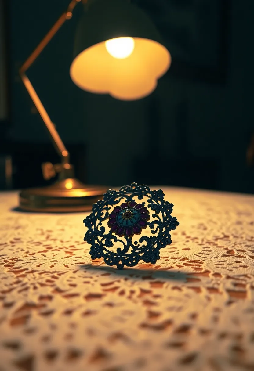 This captivating image presents a vintage brooch elegantly displayed on an antique lace tablecloth, beautifully illuminated by a warm tungsten lamp. The intricate craftsmanship of the brooch shines against the soft texture of the lace, creating a nostalgic atmosphere. With vibrant colors and a selective focus, the image draws the viewer in, celebrating the art of vintage jewelry.