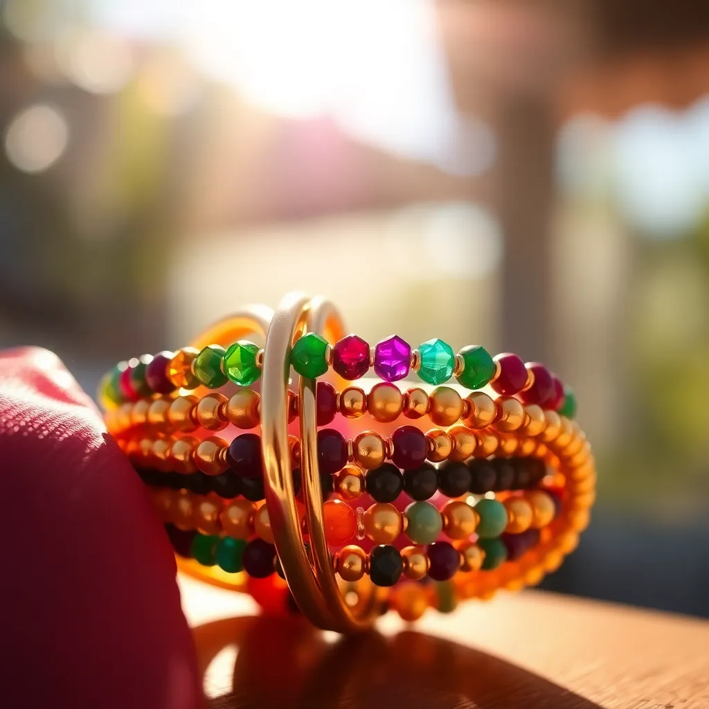 Vibrant Stacked Bracelets Under Sunlight This close-up image showcases a luxurious gold bracelet beautifully stacked with an array of colorful beaded bracelets. Natural sunlight filters through, creating dappled highlights that illuminate the polished surfaces of the gold and the vibrant hues of the beads. The shallow depth of field blurs the background, allowing the viewer to focus on the intricate textures and colors within the stack. The overall composition is vibrant and fun, ideal for fashion lovers and jewelry enthusiasts alike.