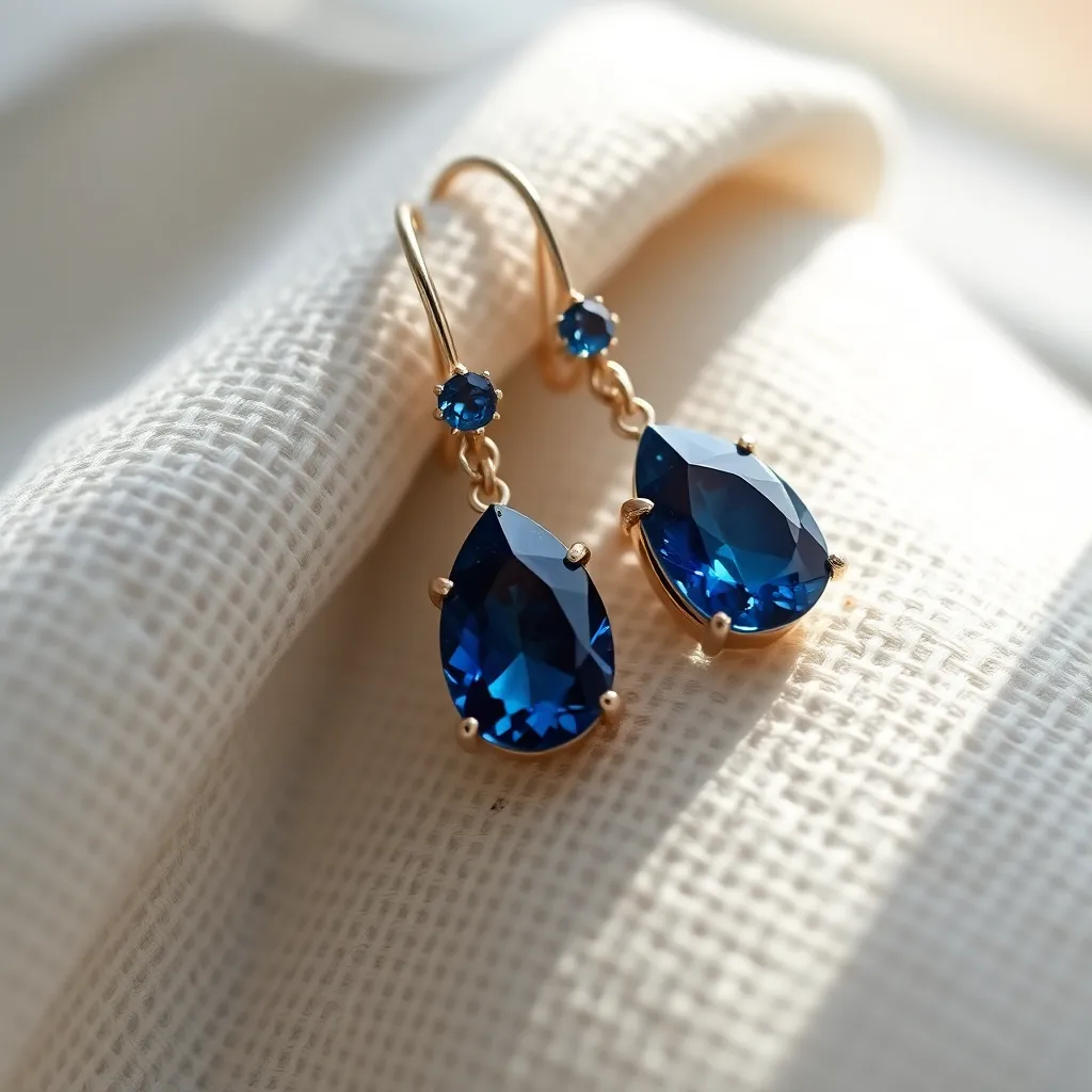 Close-Up of Sapphire Earrings on Linen