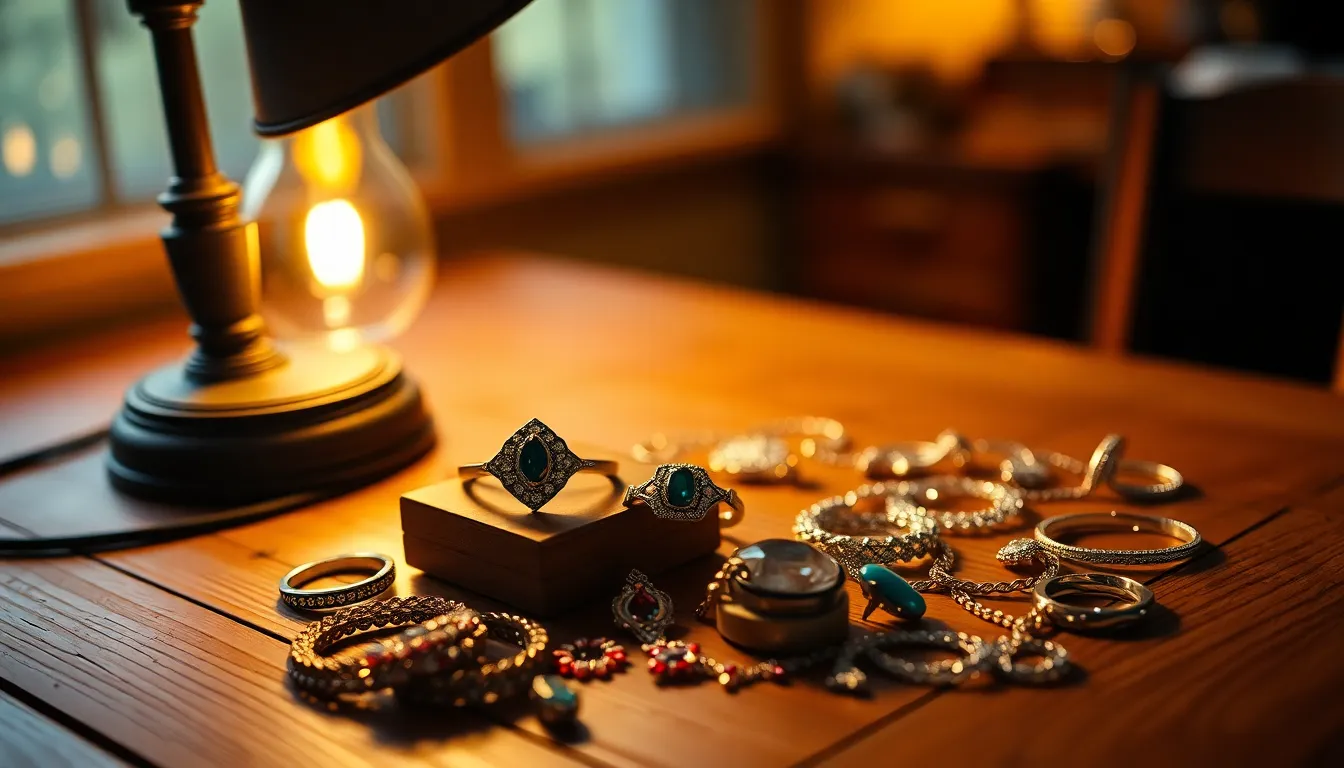 This photorealistic image showcases a stunning array of fine jewelry pieces elegantly displayed on a weathered oak table. Warm tungsten lighting emphasizes the intricate details of the gemstones and settings, creating a luxurious atmosphere. The use of shallow depth of field draws attention to the jewelry while softly blurring the rustic textures of the table, enhancing the overall composition. The warm color palette evokes a sense of sophistication and elegance.