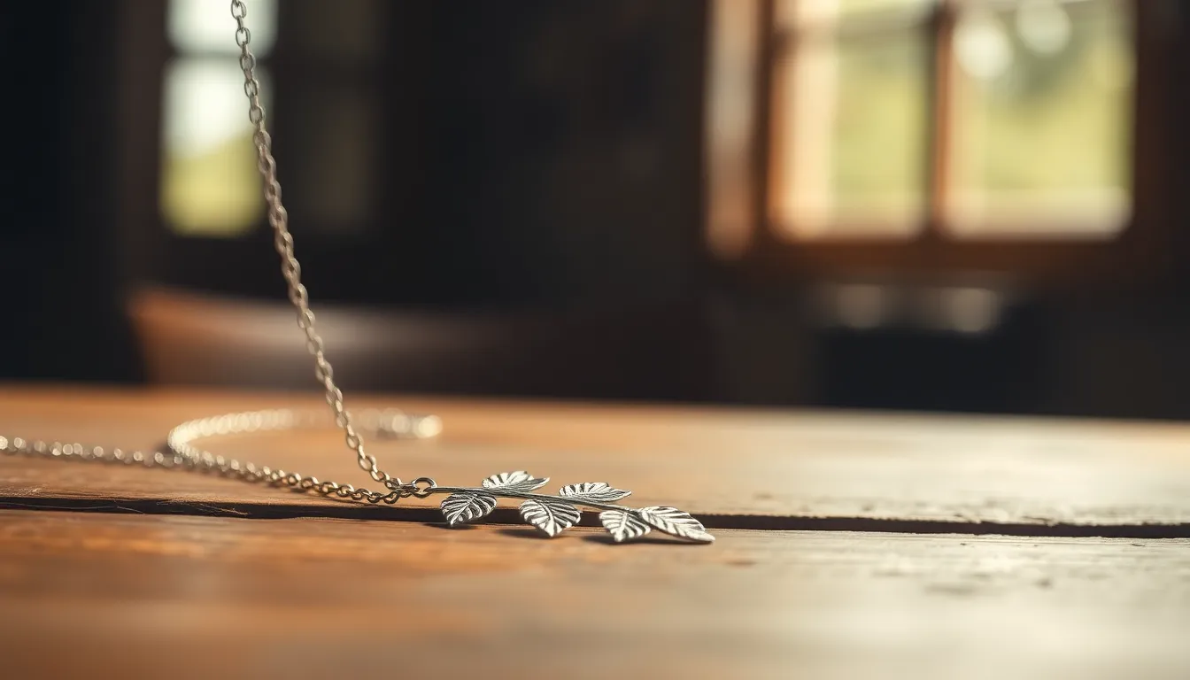This photorealistic image presents an elegant silver necklace with intricate leaf patterns resting on a weathered wooden table. Bathed in warm diffused daylight, the scene creates a soft and inviting mood, highlighting the necklace's fine details. The use of shallow depth of field enhances the visual interest, while the natural muted tones create a harmonious balance between the silver and the wood. This image captures the elegance and artistry of jewelry in a delicate setting.