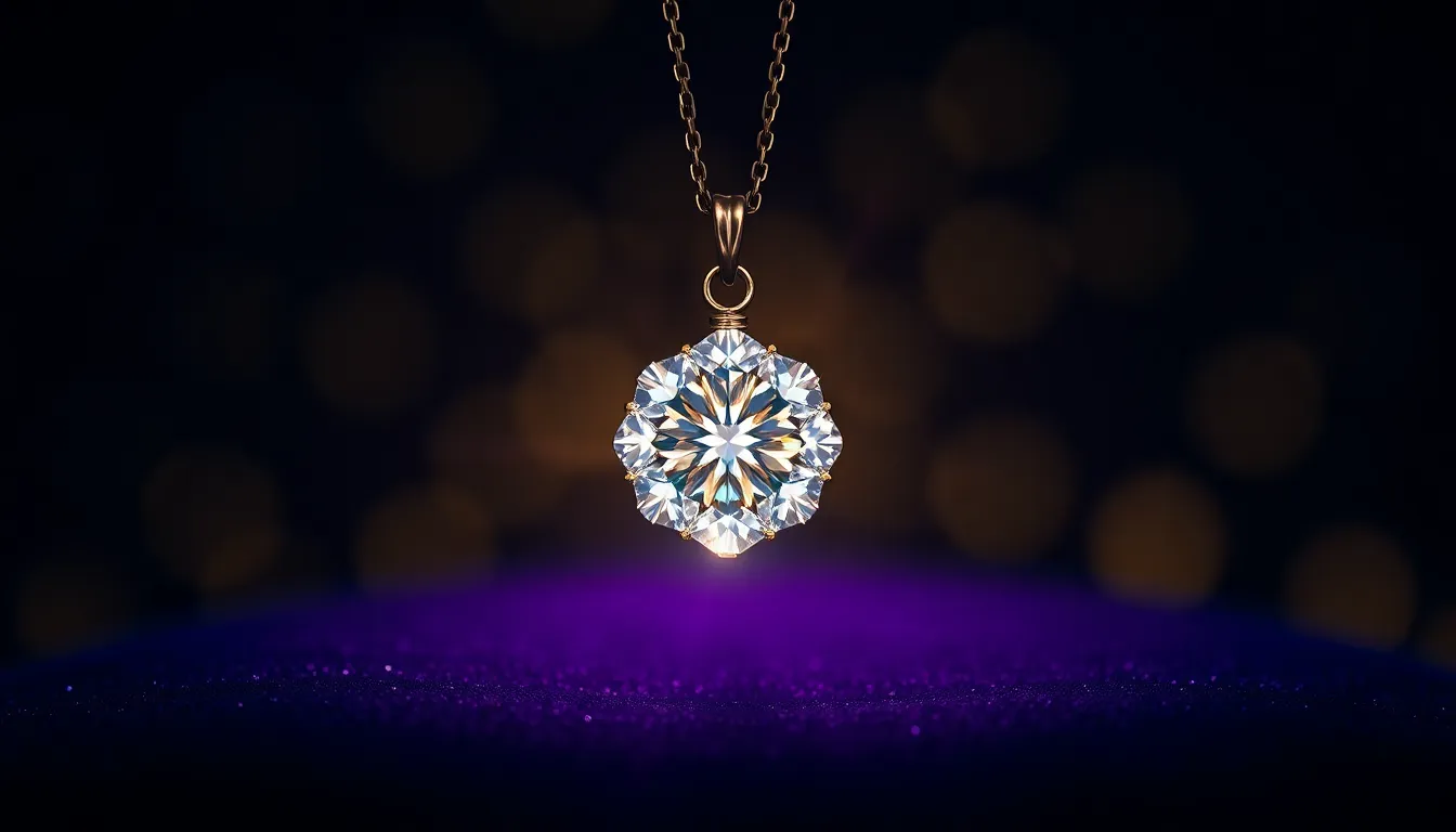 This striking image presents a close-up of a sparkling diamond pendant gracefully placed against a rich navy velvet background. Illuminated by dramatic Rembrandt lighting, the diamond's facets glimmer with vivid clarity and brilliance, drawing the viewer's eye. The shallow depth of field enhances its elegance, while the luxurious texture of the velvet adds a sophisticated touch to the composition. This image encapsulates luxury and beauty in jewelry photography.