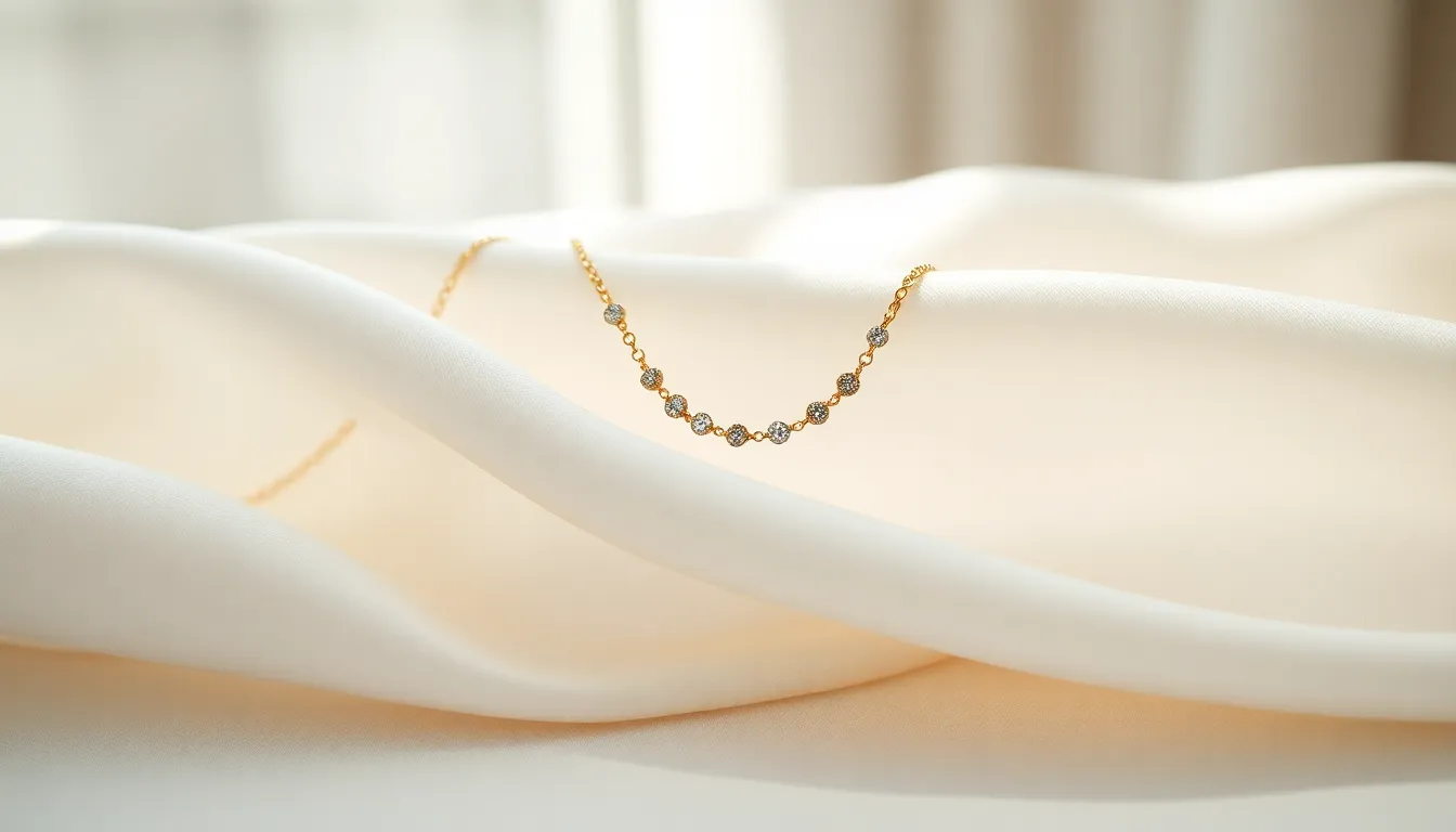 This exquisite image captures a delicate gold necklace embellished with shimmering diamonds, elegantly resting on a smooth white silk fabric. The soft, diffused daylight highlights the intricate details of the jewelry while creating a serene and luxurious atmosphere. With a shallow depth of field, the necklace is sharply focused against a dreamy backdrop, inviting viewers into the elegance of fashion jewelry.