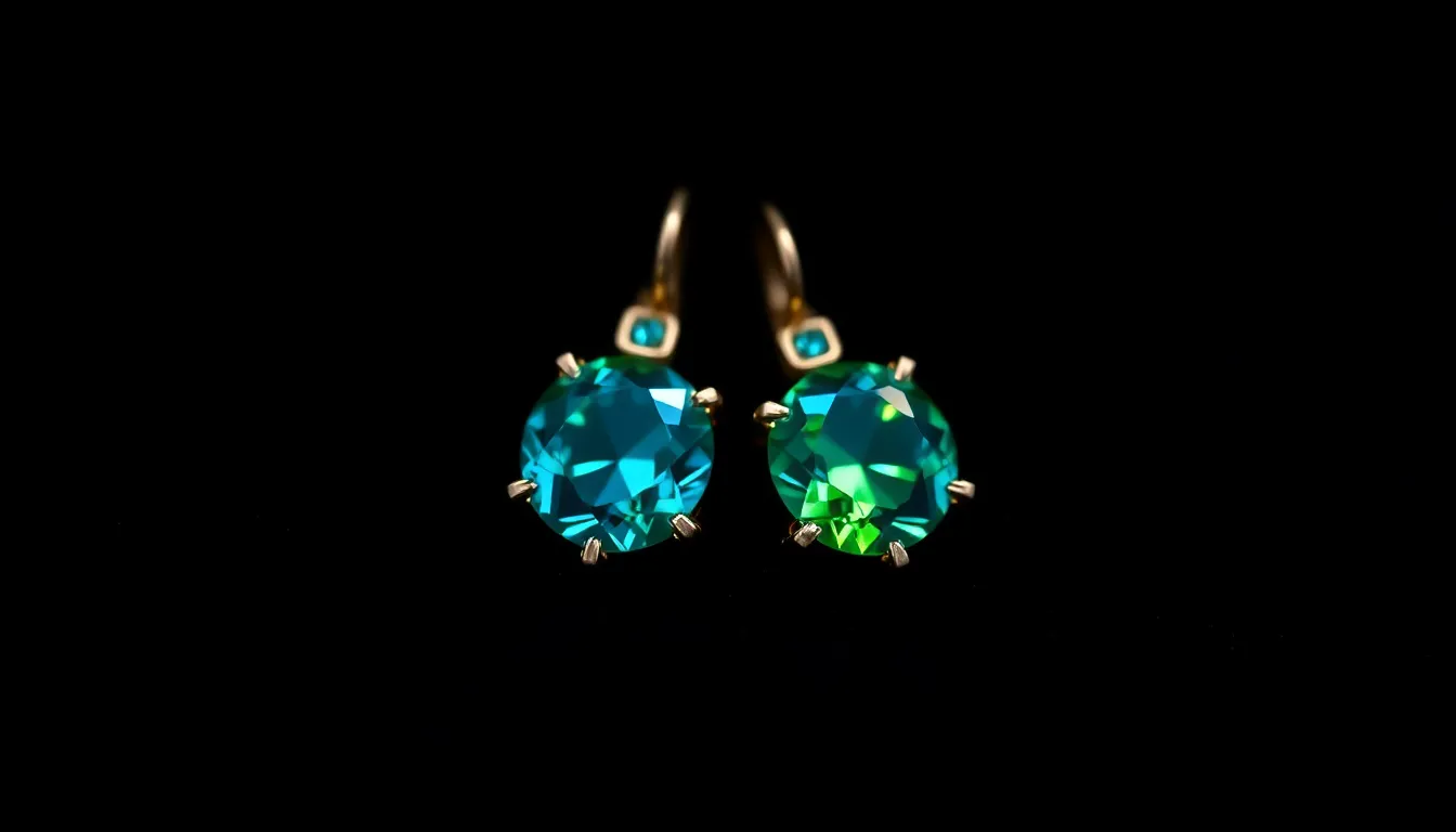 Explore the vivid allure of these exquisite gemstone earrings showcased on a luxurious dark velvet cloth. The dramatic Rembrandt lighting enhances the intricate facets of the stones, revealing a mesmerizing interplay of deep blues and rich greens. With a shallow depth of field, the background melts into a soft bokeh, keeping the viewer's focus on the remarkable details of the earrings. This composition perfectly balances elegance and drama, making it an enchanting piece for jewelry enthusiasts.