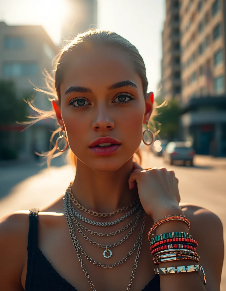This vibrant image captures a model elegantly showcasing layered necklaces and bracelets against a sunlit urban backdrop during golden hour. The warm rim light highlights the jewelry's details, creating a glowing effect, while the soft shadows enhance the model's natural beauty. The dynamic composition and warm color palette evoke a sense of movement and modern fashion, making it ideal for contemporary jewelry advertising.