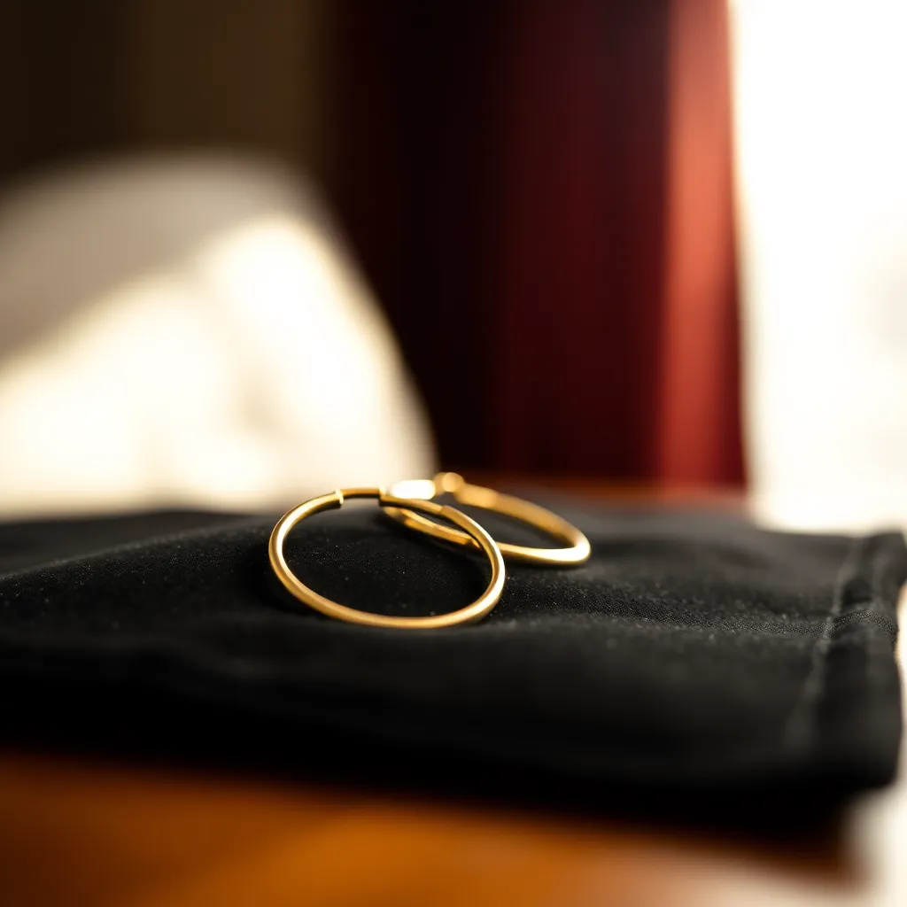 A captivating close-up of delicate gold hoop earrings artistically arranged on a rich black velvet surface. The soft diffused daylight filters through a window, enhancing the warm gold tones and creating gentle highlights. The shallow depth of field draws attention to the polished metal, while the soft bokeh in the background adds an alluring touch. This luxurious scene is perfect for fashion and jewelry enthusiasts.