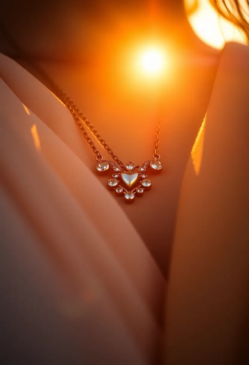 An elegant close-up of a layered necklace artfully draped over delicate, textured fabrics, captured in the warm glow of golden hour. The dramatic backlighting highlights the edges of the jewelry, enhancing its intricate design against the soft backdrop. With a shallow depth of field, the background transforms into a beautiful blur, creating a dreamy atmosphere. The vibrant tones reminiscent of Fujifilm Velvia bring life to this luxurious composition, making it ideal for fashion-focused imagery.
