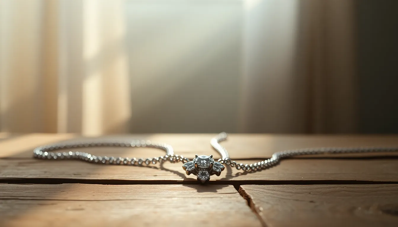 Elegant Diamond Necklace on Rustic Table This image captures an exquisite diamond necklace gracefully displayed on a weathered wooden table. Bathed in soft daylight, the necklace reflects a serene and inviting atmosphere, emphasizing the brilliance of each diamond. The background features a smooth bokeh effect, allowing the intricate details of the jewelry to stand out beautifully against the warm wood texture. The overall composition draws the viewer's eye along the lines of the necklace, making it the focal point while maintaining an air of elegance.