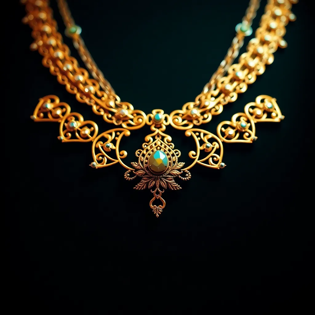 A stunning gold necklace with intricate filigree designs is elegantly placed against a rich dark velvet backdrop. The Rembrandt lighting highlights the depth and detailed craftsmanship of the necklace, creating dramatic shadows and shimmering highlights. The use of teal and orange color grading enhances the opulence of the gold, drawing the viewer's eye directly to the beautiful craftsmanship.