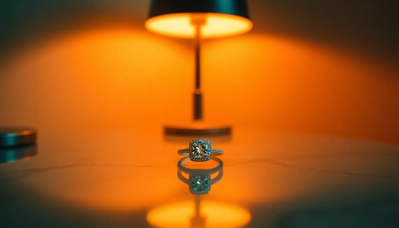 This captivating image showcases a brilliant diamond engagement ring resting elegantly on a polished marble slab. The warm tungsten light creates a striking contrast with the cool tones of the diamond, while reflections add a layer of depth. The image is high in detail, appealing to the luxury market and perfect for wedding-related advertisements.