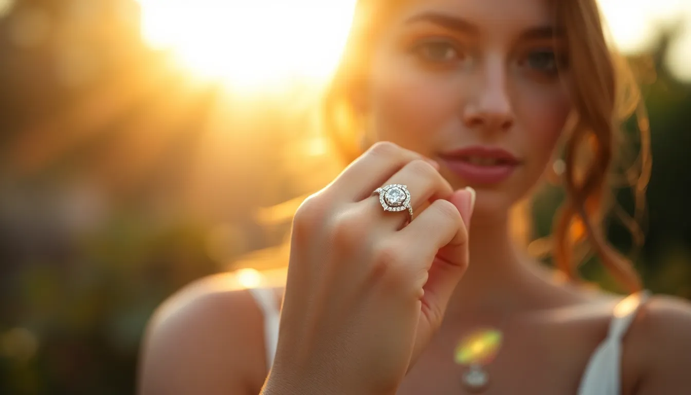 In this captivating image, a model's hand adorned with a sparkling diamond ring takes center stage against a lush outdoor backdrop during golden hour. The warm, inviting lighting accentuates the ring's brilliance, while selective focus brings the viewer's attention directly to the intricate details. The naturalistic setting and warm tones evoke a sense of luxury and sophistication, perfect for promoting fine jewelry.