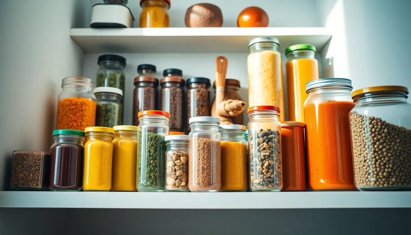 Vibrant Kitchen Shelf with Spices and Jars