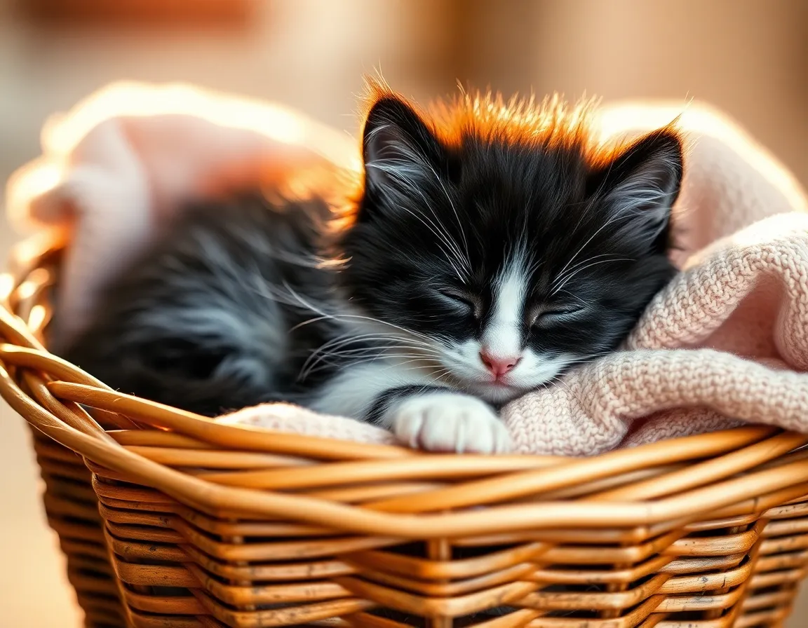 This serene image showcases a fluffy black and white kitten sleeping peacefully in a woven basket filled with soft pastel blankets. The warm golden hour light creates a halo effect around its fur, adding to the overall tranquility of the scene. The use of shallow depth of field beautifully isolates the sleeping kitten, drawing the viewer's eye to its peaceful expression and cozy environment.
