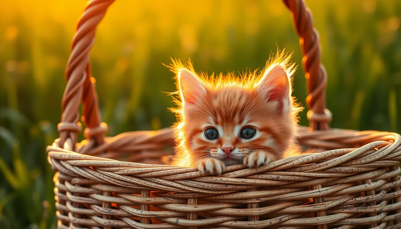 Playful Orange Kitten in Wicker Basket