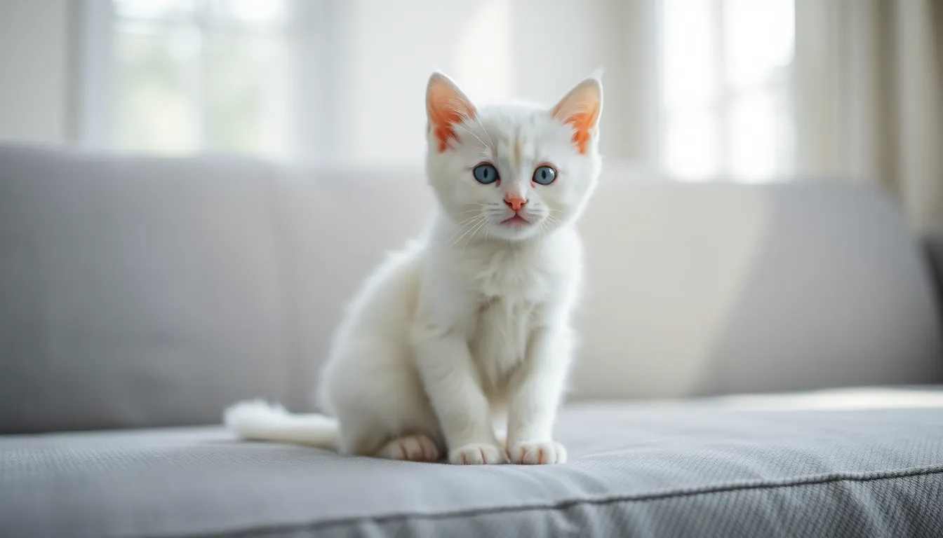 Elegant White Kitten on Gray Sofa