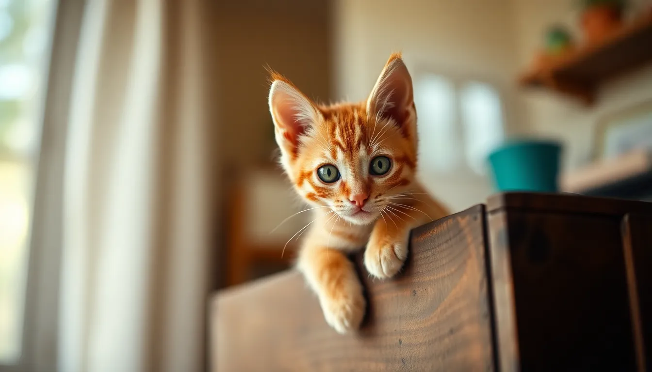 This captivating image features a playful orange tabby kitten perched on a rustic wooden crate, its bright green eyes sparkling in the soft natural light. The scene is filled with a warm golden glow, enhancing the kitten's fuzzy coat and inviting viewers into this cozy atmosphere. The gentle bokeh background, composed of pastel colors, draws attention to the kitten's charming expression and playful pose.