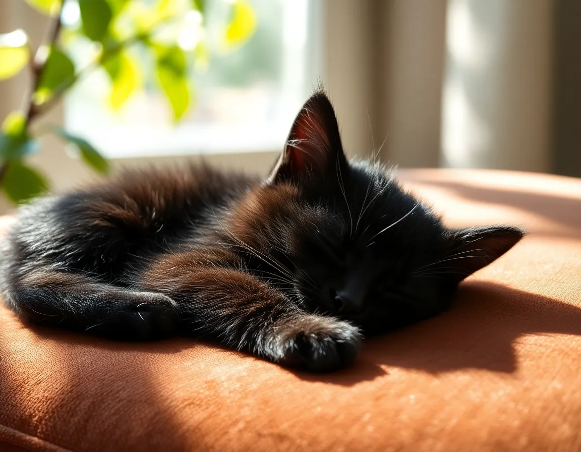 This intimate close-up captures a serene black kitten sleeping soundly on a luxurious velvet cushion, surrounded by soft, dappled daylight. The gentle interplay of light and shadow accentuates the kitten's fine fur texture, creating a cozy and inviting atmosphere. The natural muted tones of the setting enhance the calm ambiance, while a centered composition draws attention to the kitten's peaceful expression. This tranquil image evokes feelings of warmth and comfort, perfect for cat enthusiasts.