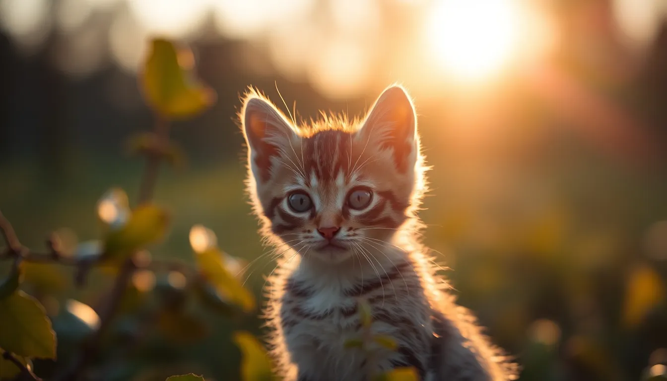 A playful ginger kitten explores a grassy area during golden hour, bathed in warm backlight that accentuates its soft fur. The enchanting scene is enhanced by the delicate bokeh of surrounding foliage, drawing attention to the kitten's curious expression. Natural muted colors create an inviting atmosphere perfect for outdoor pet photography.