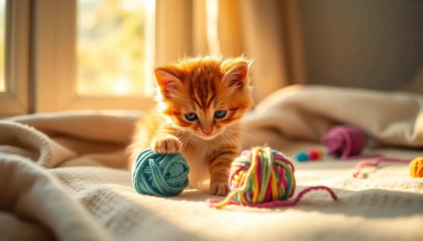 A fluffy orange tabby kitten is seen playfully pawing at a colorful yarn ball, basking in warm afternoon sunlight. The scene is set on a cream-colored blanket, providing a soft backdrop for the kitten's playful antics. The gentle bokeh created by the shallow depth of field enhances the cozy and inviting atmosphere, making the viewer feel right at home. This image is filled with warm colors and textures, capturing the essence of a playful pet moment.