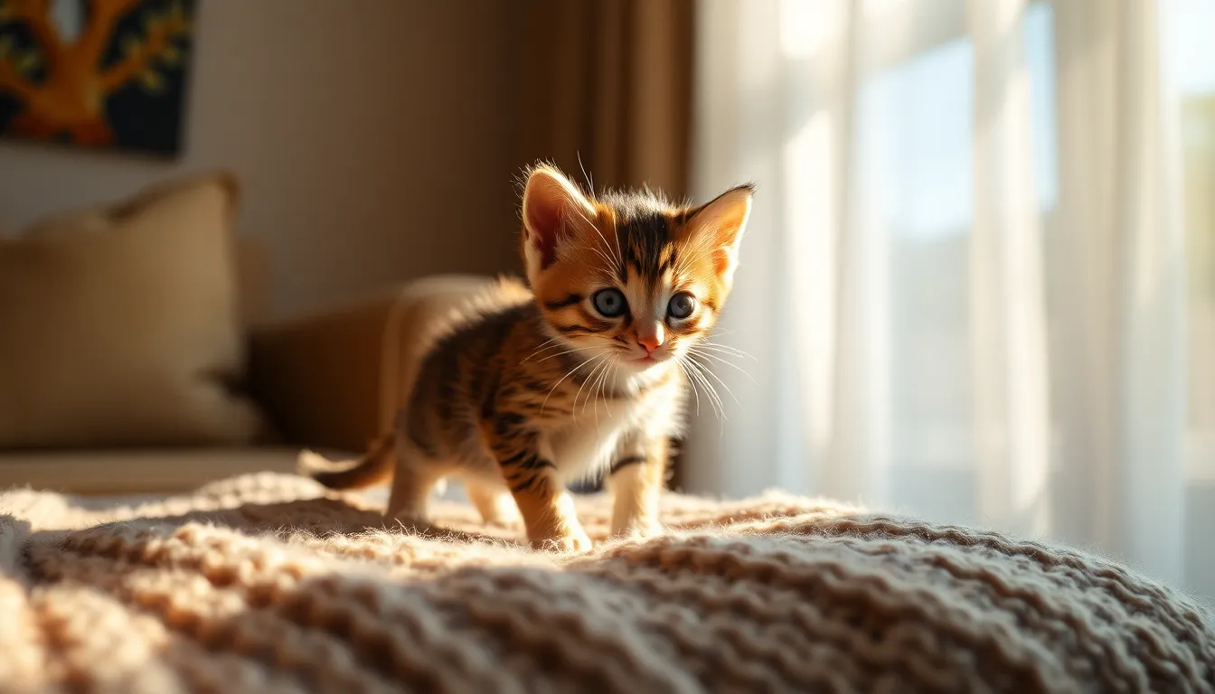 This charming image features a playful kitten perched on a soft wool blanket, surrounded by warm, diffused daylight. The gentle light creates a cozy atmosphere, emphasizing the soft texture of the blanket and the kitten's delicate fur. With a shallow depth of field, the background melts into a blurred elegance, drawing attention to the kitten's curious expression. The warm color palette enhances the inviting mood of the scene, making it perfect for pet lovers.
