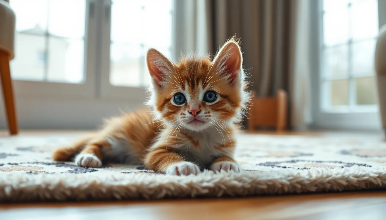 A playful tabby kitten lounges on a cozy, patterned rug with sunlit wooden flooring visible in the background. The soft, fluffy texture of its fur is accentuated by the diffused natural light streaming in through large windows. The shallow depth of field draws attention to the kitten's curious gaze while softly blurring the surroundings, creating a warm and inviting atmosphere. The overall composition enhances the playful mood of this charming pet scene, perfect for conveying the joy of pet companionship.