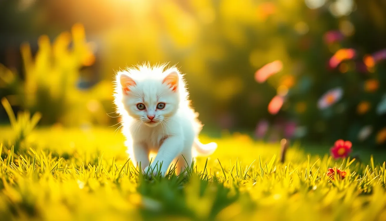 A fluffy white kitten captures the essence of joy as it pounces playfully in a sunlit garden. Bathed in golden hour light, the scene features a soft focus background of colorful flowers and lush green grass. The warm tones evoke a sense of happiness and freedom, making it an ideal representation of kitten playfulness. The composition emphasizes the kitten's movement, bringing a dynamic energy to the image.