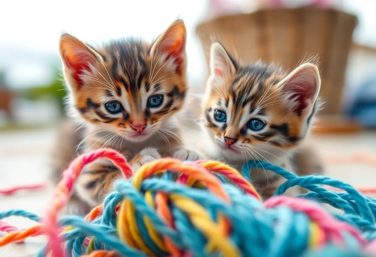 This vibrant image captures the playful energy of two kittens entangled in a colorful ball of yarn, illuminated by soft, diffused daylight from an overcast sky. The sharp focus showcases their adorable expressions and playful antics, while a creamy bokeh background adds depth to the scene. The saturated colors of the yarn and the kittens' fur create a lively atmosphere, making it a delightful representation of feline playfulness that pet lovers will adore.