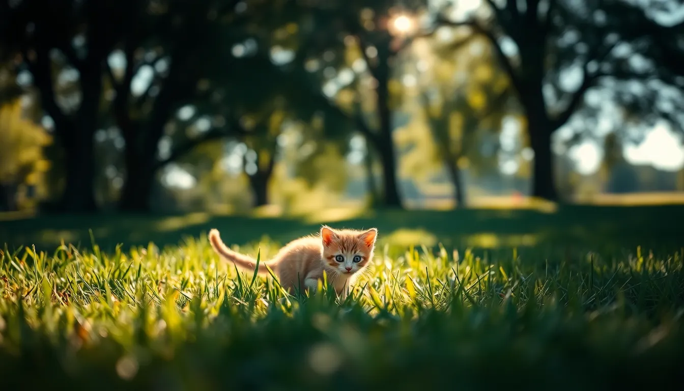 A lively kitten explores an open field, moving through dappled sunlight that creates an enchanting interplay of light and shadow. Captured in a moment of curiosity, the kitten is sharply focused against a background of softly blurred greens and browns, evoking a sense of discovery. The sunlight filtering through the trees adds warmth to the scene, and the leading lines of grass guide the viewer’s eye toward the playful subject. This captivating image showcases the carefree spirit of a kitten in nature.