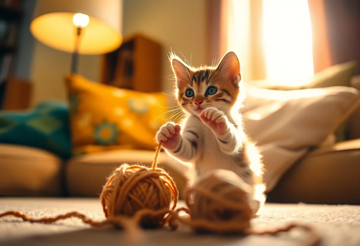 Playful Kitten Batting at Yarn Ball in Cozy Living Room This delightful image captures a playful kitten engaged with a ball of yarn in a cozy living room setting. Soft warm light from a nearby lamp creates a welcoming atmosphere and highlights the kitten's playful demeanor. The shallow depth of field focuses on the kitten while artfully blurring the background, which features hints of colorful cushions and soft textures. With a warm color palette and dynamic composition, this scene is sure to evoke feelings of comfort and joy.