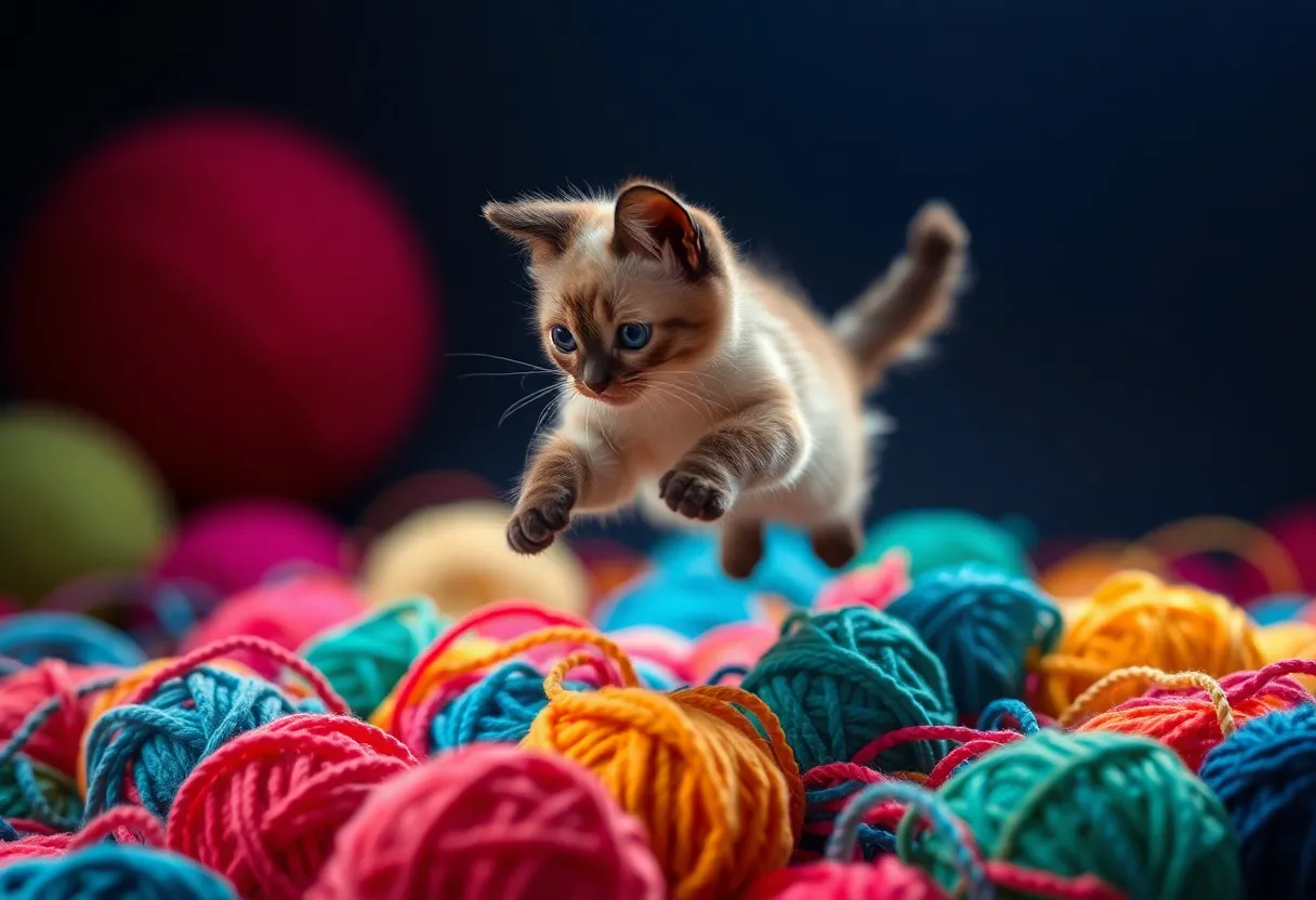 A playful kitten is captured in mid-leap through a vibrant field of wildflowers during the golden hour. The backlighting creates a beautiful halo around the kitten, highlighting its energetic movement and playful spirit. A shallow depth of field enhances the focus on the kitten, while the colorful flowers create a soft, dreamy background. This scene embodies the joy and liveliness of spring, making it an enchanting moment worth capturing.