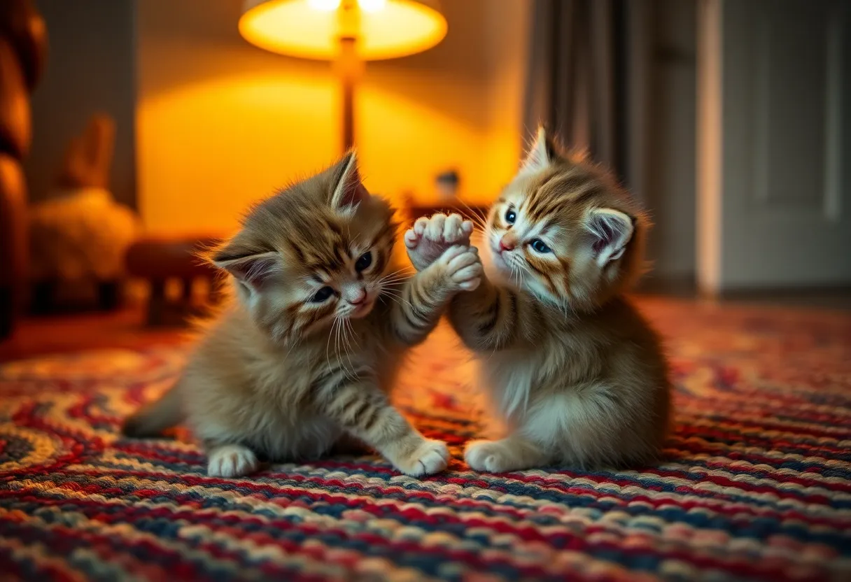 In a charming indoor scene, two fluffy kittens engage in playful wrestling on a vibrant woven rug. The warm tungsten light creates a cozy glow, emphasizing the texture of the kittens' fur and the intricate patterns of the rug. This lively interaction is captured with dynamic diagonal lines, enhancing the action and joy of their play. The soft muted tones contribute to a homely feel, making this an endearing image of kitten camaraderie.