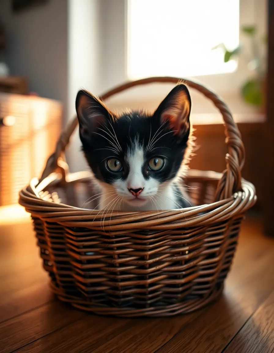 This charming image shows a curious black-and-white kitten peeking out from inside a vintage wicker basket. The soft afternoon light highlights the kitten's shiny coat, casting gentle reflections that enhance its playful curiosity. The warm wooden floor contrasts beautifully with the kitten's black and white fur, creating a cozy atmosphere. The centered composition draws attention to the kitten's expressive eyes, inviting viewers to connect with its inquisitive nature.