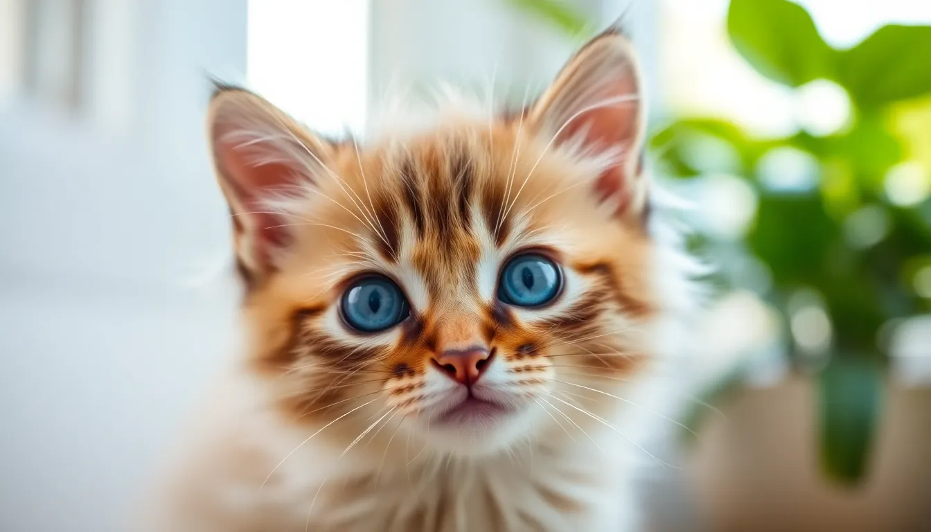 An intimate close-up portrait of a fluffy Siamese kitten with striking blue eyes, bathed in soft natural light. The delicate hues of its cream and brown fur create a serene and dreamy quality. The shallow depth of field beautifully isolates the kitten's adorable features, inviting viewers to appreciate the intricate textures and enchanting gaze.
