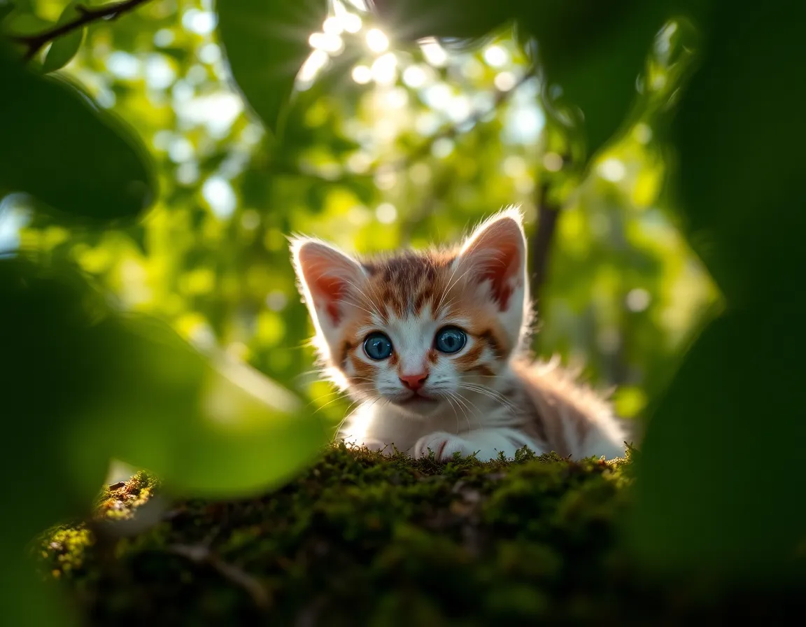 A charming calico kitten sits nestled in a lush patch of moss, surrounded by soft shadows and dappled sunlight filtering through the tree canopy. This detailed macro shot brings focus to the kitten’s bright eyes, contrasting against the vibrant greens of nature. The muted color palette and surrounding textures create a peaceful, natural scene.