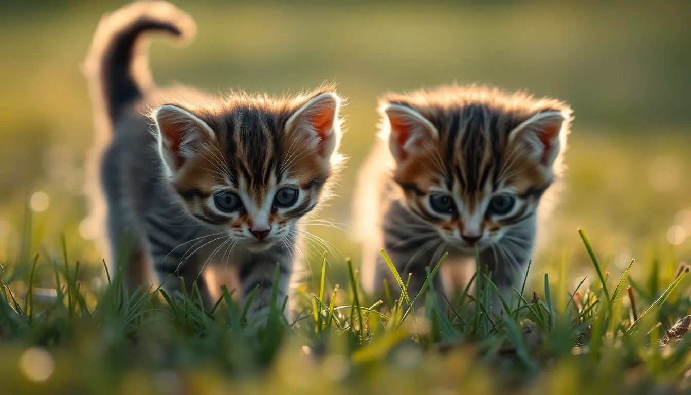Kittens Exploring Dewy Grass at Dawn In the early morning light, two kittens can be seen curiously exploring dew-kissed grass. The soft illumination highlights their fur's delicate textures and creates beautiful reflections within the dewdrops. The leading lines of the grass guide the viewer's eye to the playful duo, emphasizing their sense of adventure in a tranquil setting. This image captures the pure essence of youthful curiosity in the natural world.