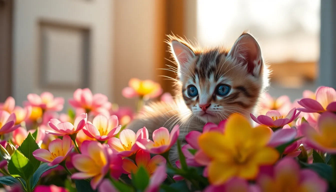 An adorable kitten is nestled among colorful spring flowers, surrounded by vibrant petals in various bright hues. The soft natural light enhances the delicate details of its fur while creating a gentle rim light around its body. The lush greens and pastel colors create an uplifting atmosphere reminiscent of blooming nature. This charming composition conveys a sense of playfulness and warmth, showcasing the beauty of both the kitten and its floral companions.