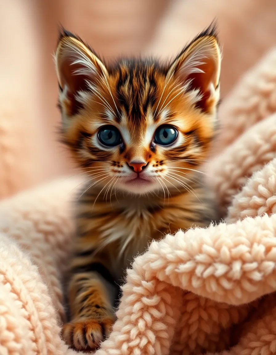 Cozy Kitten on Soft Blanket A cozy kitten snuggled on a soft blanket, captured in a studio setting with gentle lighting. The warm palette and rich textures of the kitten's fur are enhanced by the creamy highlights, creating an inviting and heartwarming atmosphere. This intimate portrait highlights the softness and charm of the tiny feline, perfect for showcasing companionship.