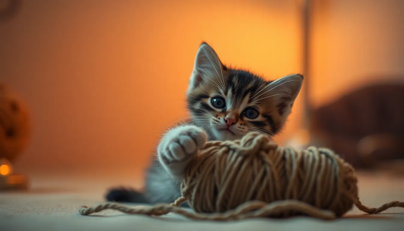 This delightful close-up features a playful kitten engaging with a colorful ball of yarn, highlighted by the warm glow of a tungsten lamp. The careful composition captures the kitten's delicate features and playful spirit, while the soft focus background creates a dreamy effect. The texture of the kitten's fur and the yarn contrasts beautifully, enhancing the warmth and charm of the scene.