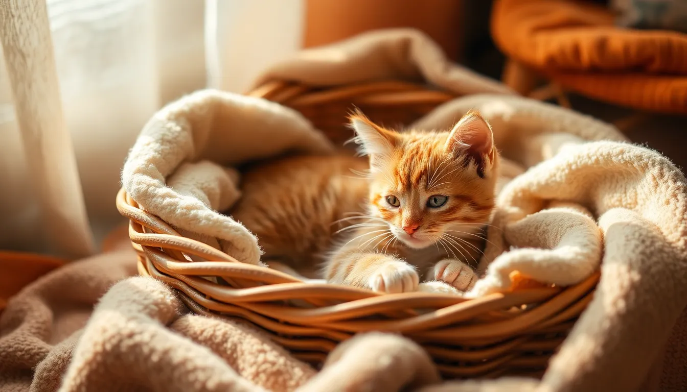 A serene image of a ginger kitten comfortably lounging in a basket lined with soft blankets, captured in gentle, diffused natural light. The warm orange tones of the kitten and the earthy colors of the blankets create a cozy and inviting atmosphere. The overall composition, with careful focus and soft shadows, evokes a sense of peace and relaxation.